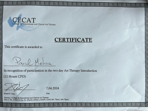 Certificate for art therapy learning course, by CECAT Australia, April 2024
