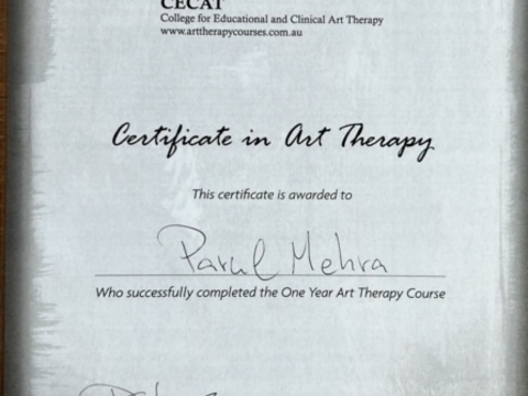 Certificate for art therapy learning course, by CECAT Australia, April 2024